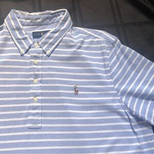 Ralph Lauren Polo Shirt Mens 2XL Knit Oxford Blue White Stripe Short Sleeve